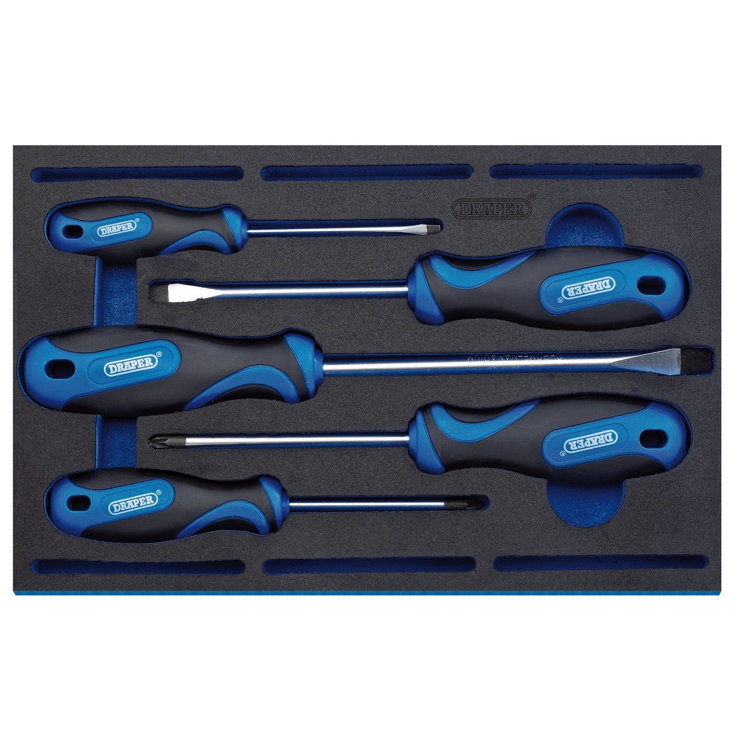 The Draper Soft Grip Screwdriver Set In 1/4 Drawer Eva Insert Tray (5 Piece) - IT-EVA15, featuring five chrome vanadium steel screwdrivers with blue and black soft grip handles, is neatly arranged in a foam organizer.