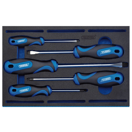 The Draper Soft Grip Screwdriver Set In 1/4 Drawer Eva Insert Tray (5 Piece) - IT-EVA15, featuring five chrome vanadium steel screwdrivers with blue and black soft grip handles, is neatly arranged in a foam organizer.