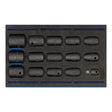 The **Draper Impact Socket Set In 1/4 Drawer Eva Insert Tray, 1/2" Sq. Dr. (15 Piece) - IT-EVA18** includes fifteen durable chrome vanadium steel black six-point sockets of varying sizes, neatly organized in two rows. Perfect for tool chests.