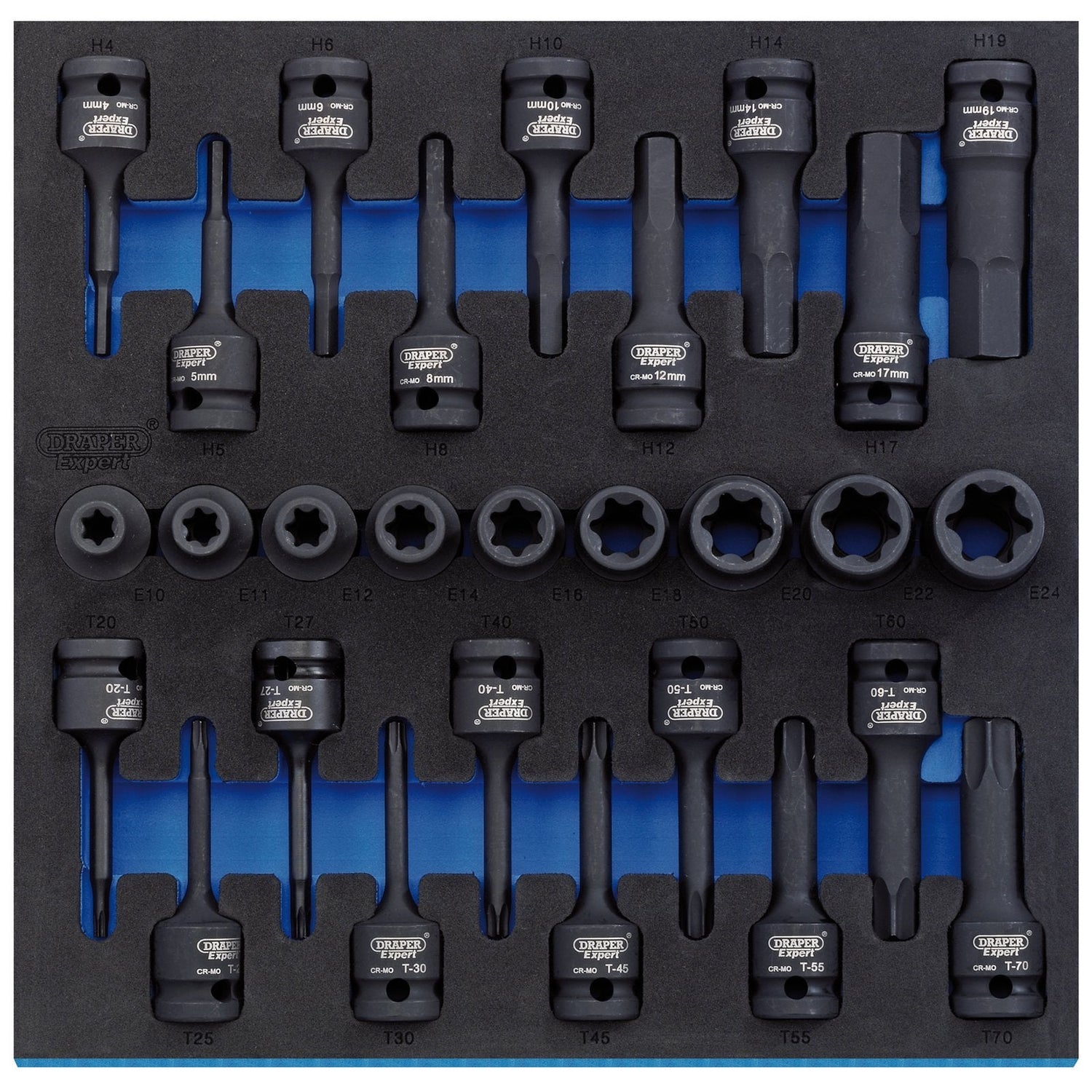 The Draper Tx-Star® Impact & Hex Socket Set In 1/2 Drawer Eva Insert Tray, 1/2" Sq. Dr. (28 Piece) - IT-EVA22 features socket wrench bits constructed from durable chrome molybdenum steel, meticulously organized in a foam insert tray with each bit clearly labeled by size. This 28-piece set includes a variety of bits neatly arranged in rows against a striking blue background, making it an ideal addition to your Draper tool chests.