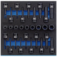 The Draper Tx-Star® Impact & Hex Socket Set In 1/2 Drawer Eva Insert Tray, 1/2" Sq. Dr. (28 Piece) - IT-EVA22 features socket wrench bits constructed from durable chrome molybdenum steel, meticulously organized in a foam insert tray with each bit clearly labeled by size. This 28-piece set includes a variety of bits neatly arranged in rows against a striking blue background, making it an ideal addition to your Draper tool chests.