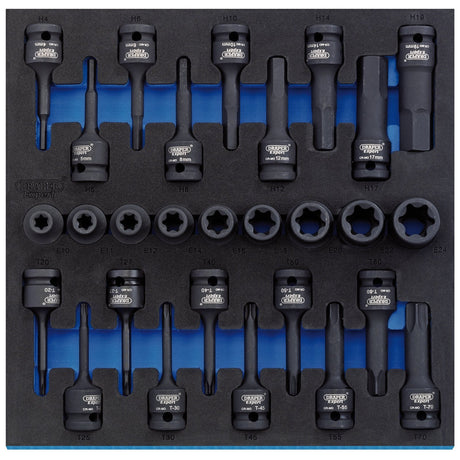 The Draper Tx-Star® Impact & Hex Socket Set In 1/2 Drawer Eva Insert Tray, 1/2" Sq. Dr. (28 Piece) - IT-EVA22 features socket wrench bits constructed from durable chrome molybdenum steel, meticulously organized in a foam insert tray with each bit clearly labeled by size. This 28-piece set includes a variety of bits neatly arranged in rows against a striking blue background, making it an ideal addition to your Draper tool chests.