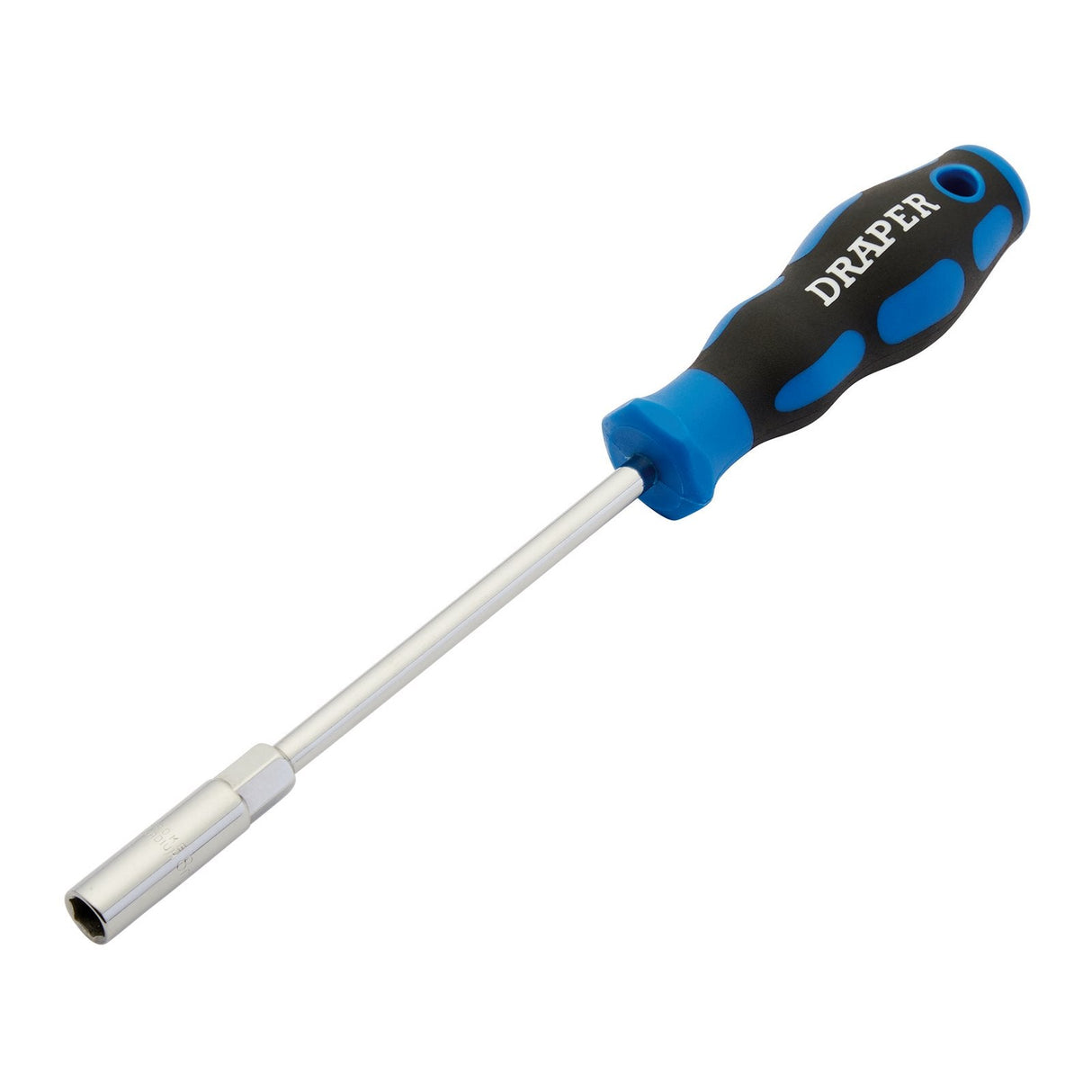 A Draper Soft-Grip Nut Spinner, 8mm - 865/NS with a black and blue handle and metallic tip is shown horizontally. The handle features the brand name "Draper".