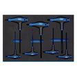 The Draper T' Handle Ball End Hexagon Key Set (7 Piece) – IT-EVA26, neatly arranged in a black foam tray, features a combination of blue and black handles and is crafted from durable chrome vanadium steel.