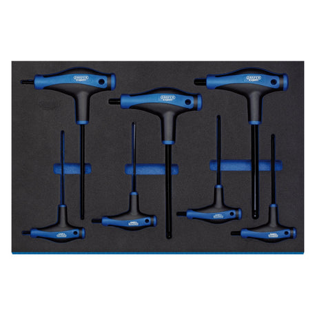 The Draper T' Handle Ball End Hexagon Key Set (7 Piece) – IT-EVA26, neatly arranged in a black foam tray, features a combination of blue and black handles and is crafted from durable chrome vanadium steel.