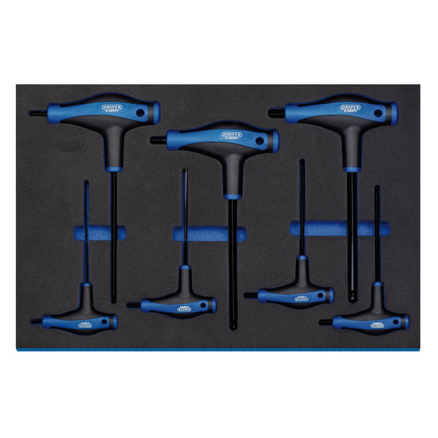 The Draper T' Handle Ball End Hexagon Key Set (7 Piece) – IT-EVA26, neatly arranged in a black foam tray, features a combination of blue and black handles and is crafted from durable chrome vanadium steel.