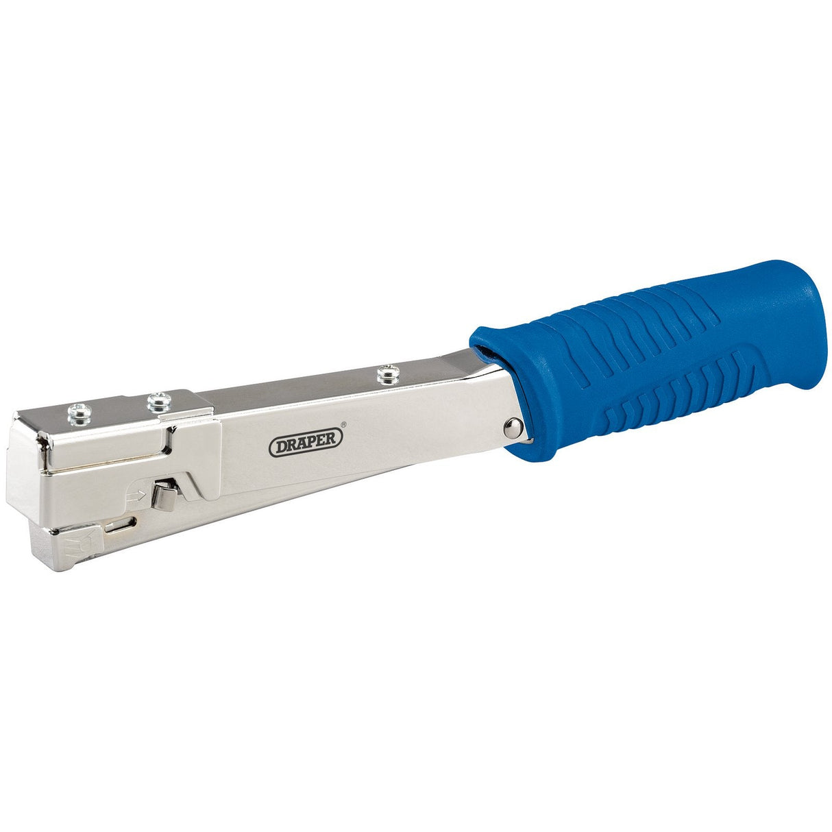 A Draper Hammer Tacker - HAMT/B, featuring a blue ergonomic grip, is perfect for tasks such as securing roofing felt or foil insulation.