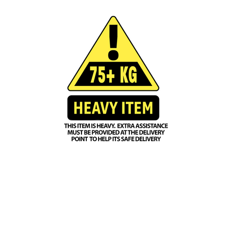 A yellow warning sign indicating that the Air/Hydraulic Press 75 Tonne Floor Type with Foot Pedal - YK759FAH by Sealey weighs over 75 kg. The text below reads, "This item is heavy. Extra assistance must be provided at the delivery point to ensure the safe handling and delivery of its heavy-duty steel frame.
