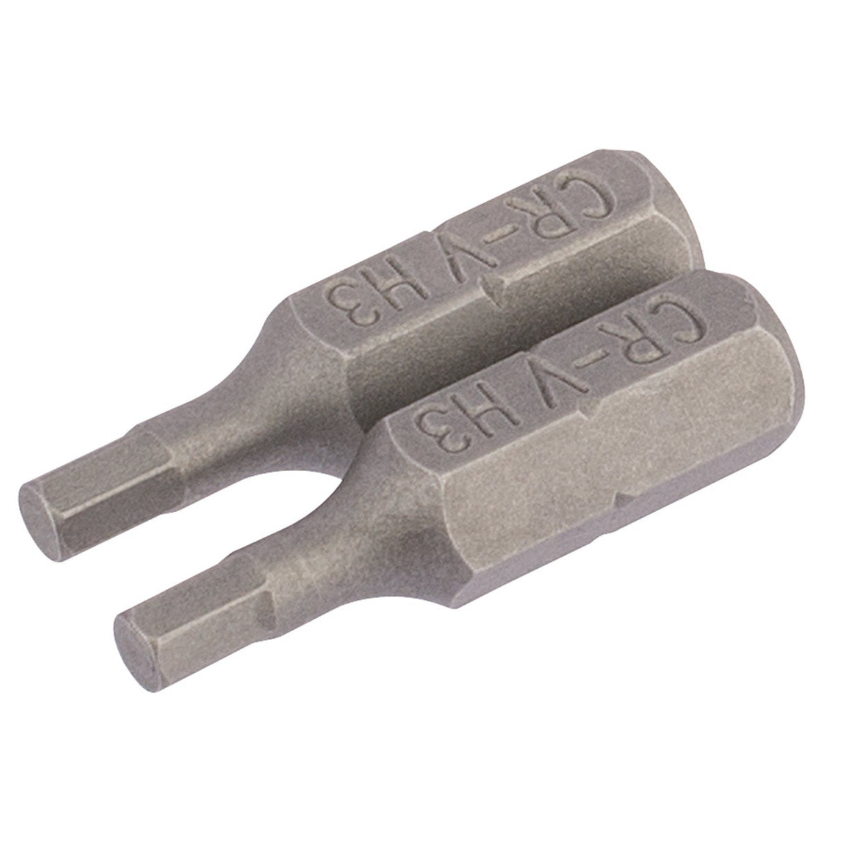 The Draper Hexagonal Insert Bit, 3mm, 1/4" Hex, 25mm Long (Pack Of 2) - 25HX/2/B labeled "CR-V H3," is made from hardened, tempered chrome vanadium steel with a shot blast finish and designed for use with compatible screwdrivers or power tools.