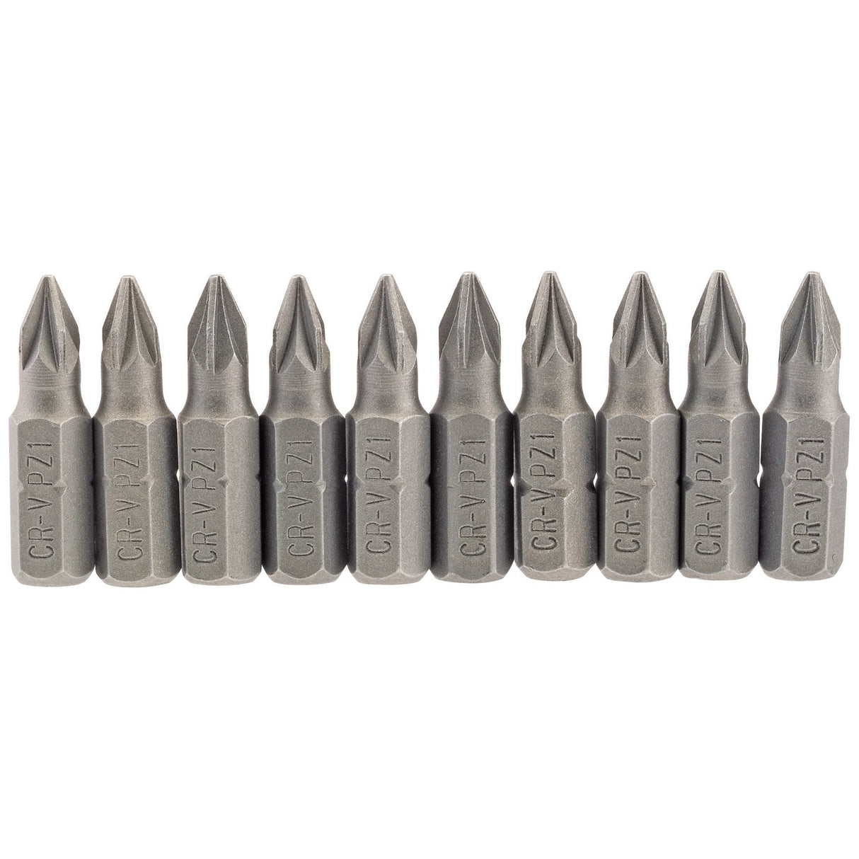A row of ten Draper Pz Type Insert Bits, each 1/4" hex and 25mm long, No.1 size, made from durable chrome vanadium steel with "CR-V PZ1" etched on them, arranged side by side on a white background.