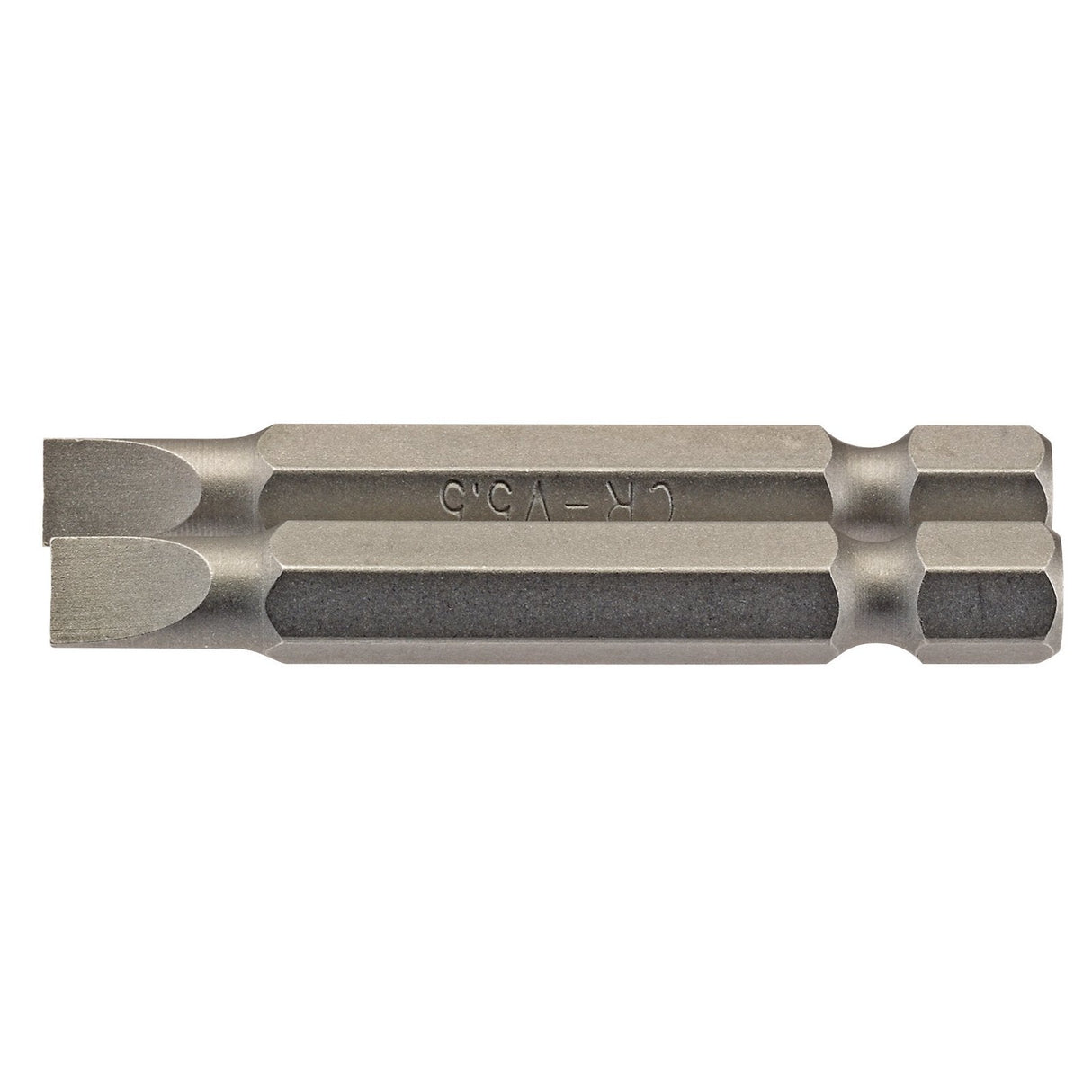 The Draper Plain Slot Insert Bit, available in a pack of two, features double-ended flathead tips and a hexagonal 1/4" shaft. Each 50mm long bit is crafted from hardened and tempered chrome vanadium steel for enhanced strength.