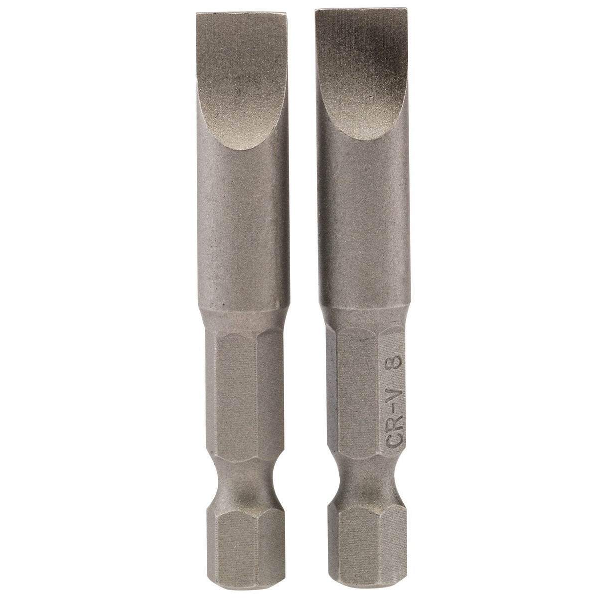 Two Draper Plain Slot Insert Bits, each 8mm wide with a 1/4" hex base and measuring 50mm in length, are positioned upright side by side, crafted from durable chrome vanadium steel.