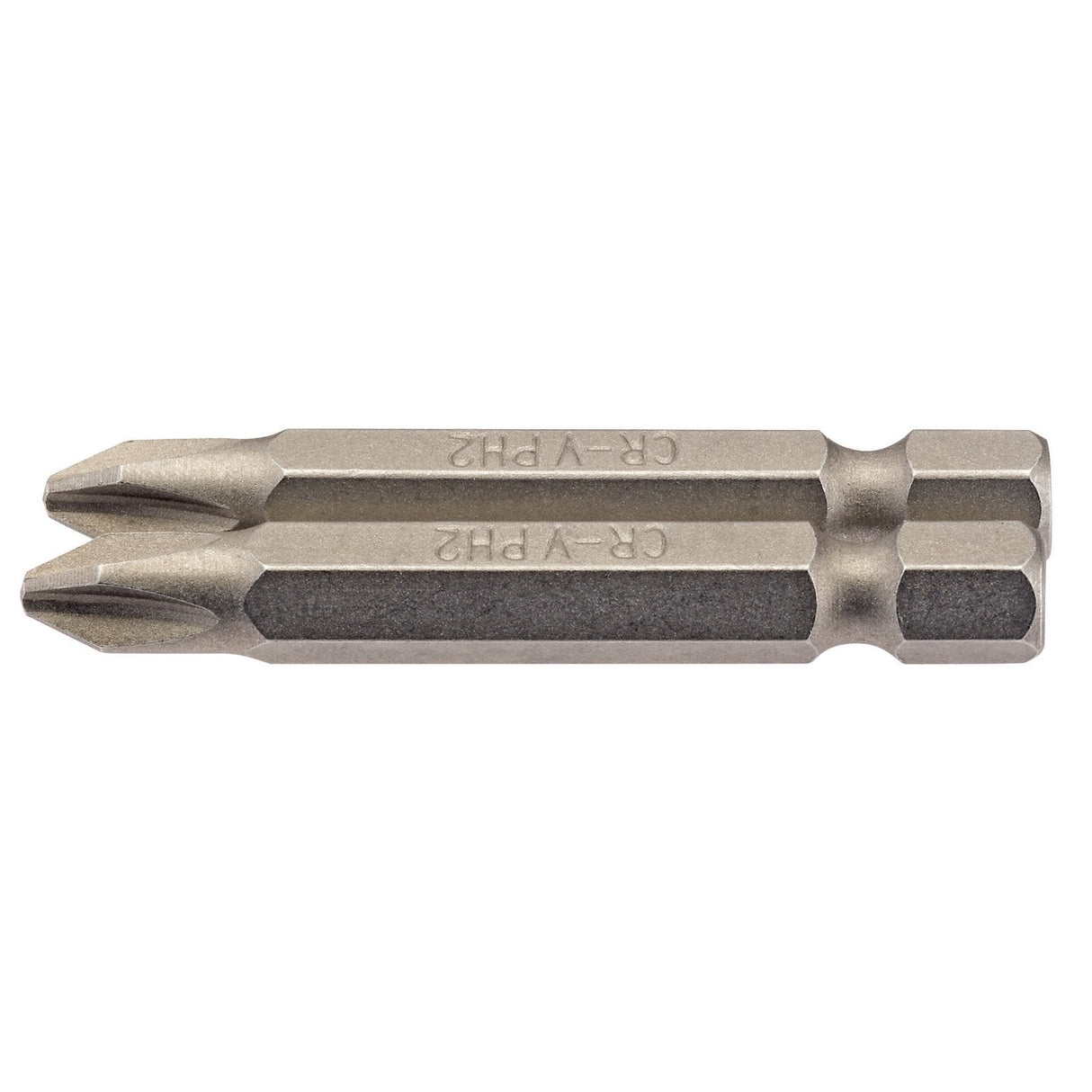 Close-up of a Draper Cross Slot Insert Bit, featuring a Phillips head on one end and a slotted head on the other. Crafted from chrome vanadium steel, it boasts a shot blasted finish and has a hexagonal shank. This 1/4" hex bit is 50mm long and comes in a pack of two.