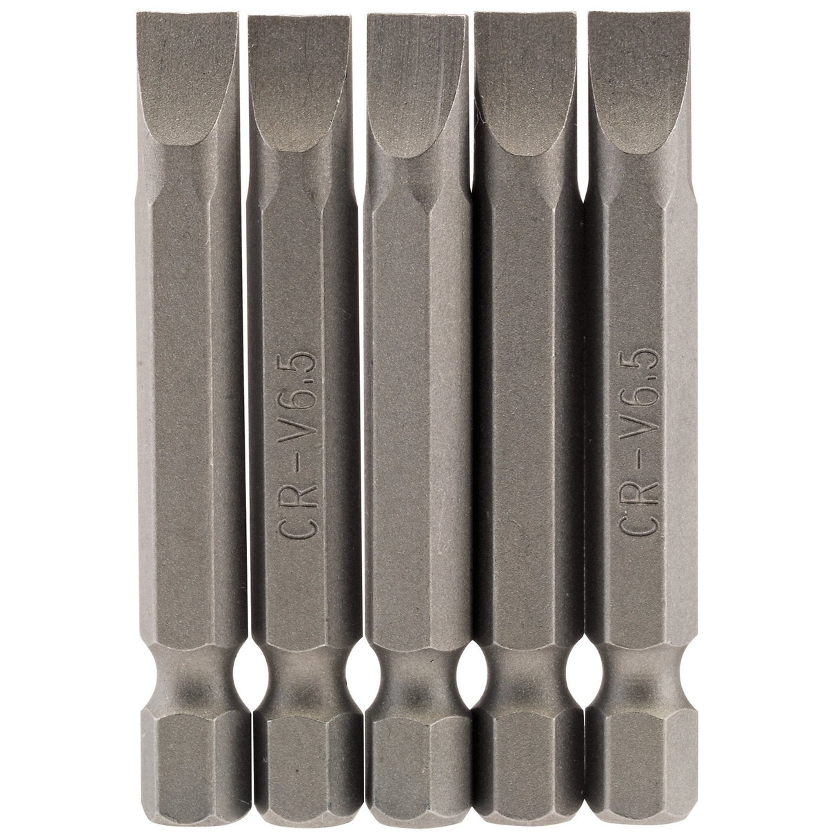 Five identical Draper Plain Slot Insert Bits, 6.5mm with a 1/4" hex shank and measuring 50mm long, made from durable chrome vanadium steel with "CR-V6.5" engraved on them, standing upright in a row against a plain background. The bits feature a shot-blasted finish for added durability and style.