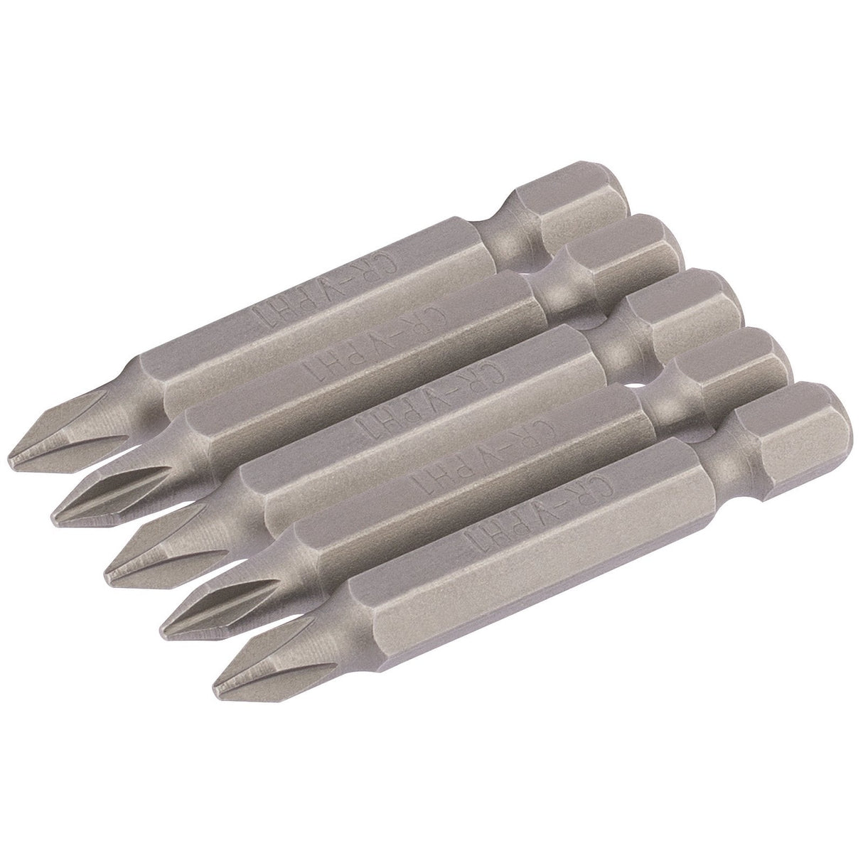 A set of five Draper Cross Slot Insert Bits, each 50mm long with a 1/4" hex shank and No.1 Phillips head, crafted from chrome vanadium steel and displayed in a parallel row on a white background. The bits feature a shot blasted finish for enhanced durability and precision.