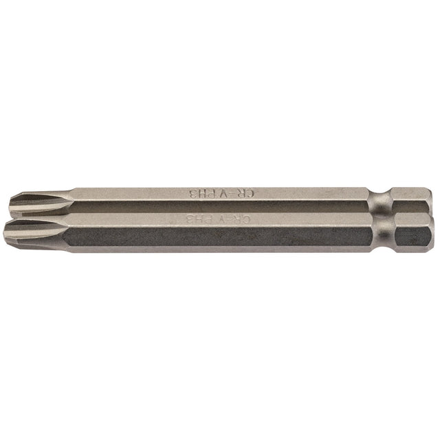 The Draper Cross Slot Insert Bit, 1/4" Hex, 75mm Long, No.3 (Pack of 2) - 75CS/2/B, is designed with a star-shaped tip for use with compatible screws. Manufactured by Draper from Chrome vanadium steel, it includes a hexagonal shank for secure attachment to driver tools and features a shot blasted finish for enhanced durability.