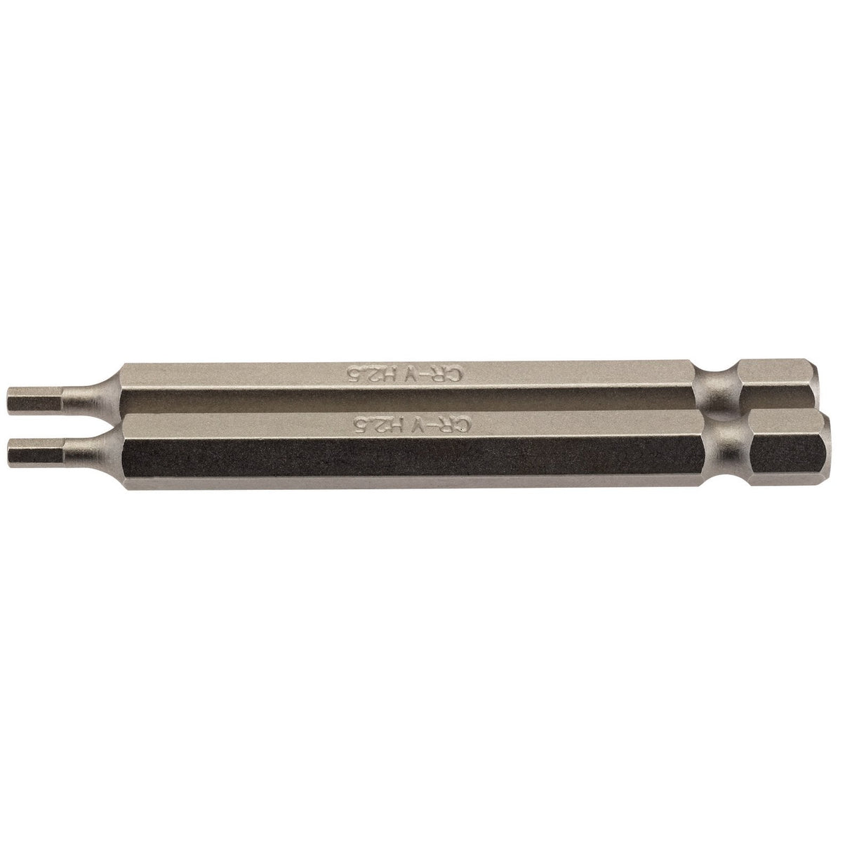 The Draper Hexagonal Insert Bit, 2.5mm, 1/4" hex and 75mm long (Pack of 2) - 75HX/2/B, is a double-ended bit made from durable chrome vanadium steel. It features one end with a flat head and the other with a hexagonal shape, suitable for use in power drills or manual screwdrivers.