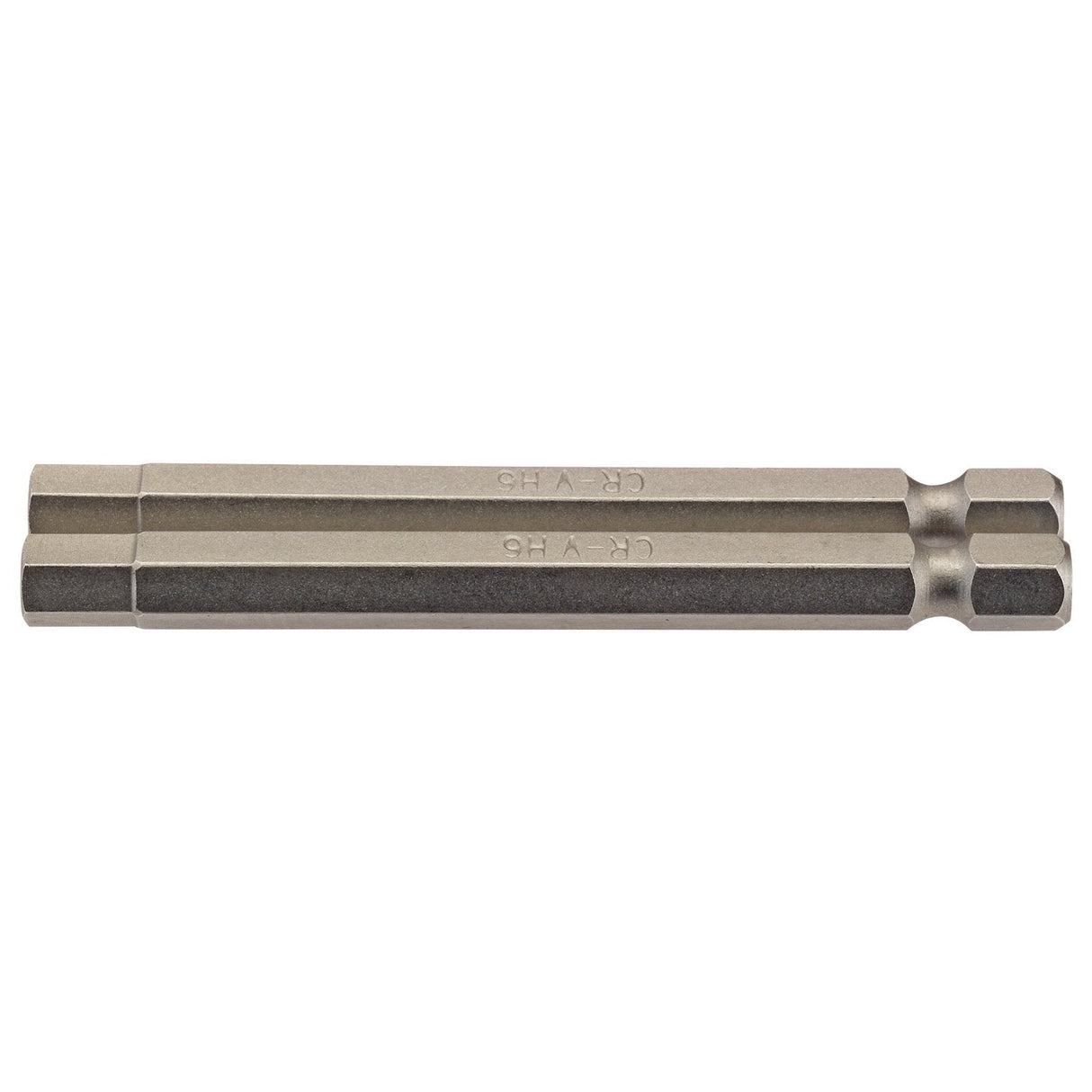 The Draper Hexagonal Insert Bit, 6mm, 1/4" hex, and 75mm long (Pack of 2) - model 75HX/2/B is a cylindrical metal bit with a textured surface. It's crafted from chrome vanadium steel and features a shot blast finish for added durability, making it ideal for use with screwdrivers or drills.