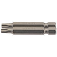 Draper Tx-Star® 1/4" Hex Insert Bit, measuring 50mm in length and marked with "CR-V T25," features a double-ended hex and star shape. Made from chrome vanadium steel, these bits have a sleek metallic finish and are ideal for Torx fixing systems. Sold in a pack of two (product code: 50TX/2/B).