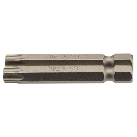 Introducing the Draper Tx-Star® Insert Bit, a 50mm long T40 Torx bit with a 1/4" hex shaft, crafted from durable chrome vanadium steel and featuring a star-shaped tip with precise engraved markings. This pack of two is ideal for Torx fixing systems.