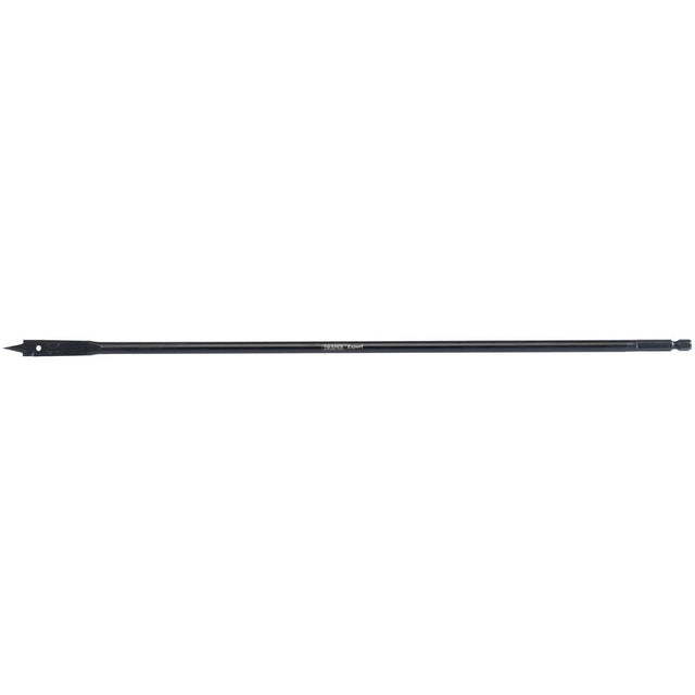 The Draper Extra Long Flat Wood Bit, 10 x 405mm - FB102XL, is a high-quality carbon steel tool featuring a flat, pointed end and a curved, rounded end on the opposite side.