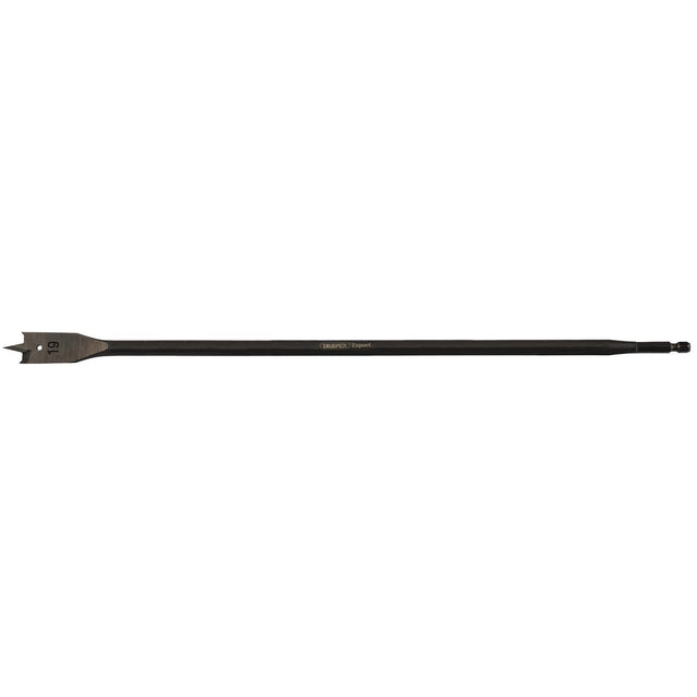 The Draper Extra Long Flat Wood Bit (FB102XL) is a 405mm drill bit with a 19mm diameter, made from high-quality carbon steel. It features a precision ground central point and a hexagonal shank.