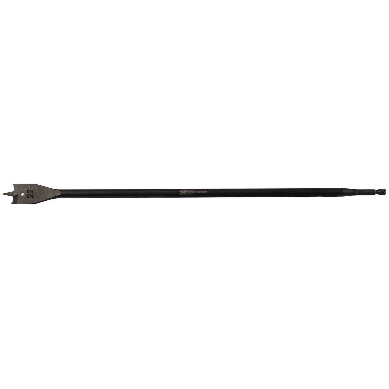 The Draper Extra Long Flat Wood Bit, model FB102XL, is a 405mm high-quality carbon steel spade drill bit with a flat, paddle-shaped tip and a hex shank. The precision-ground central point ensures accuracy, and the tip is labeled with the number "22".