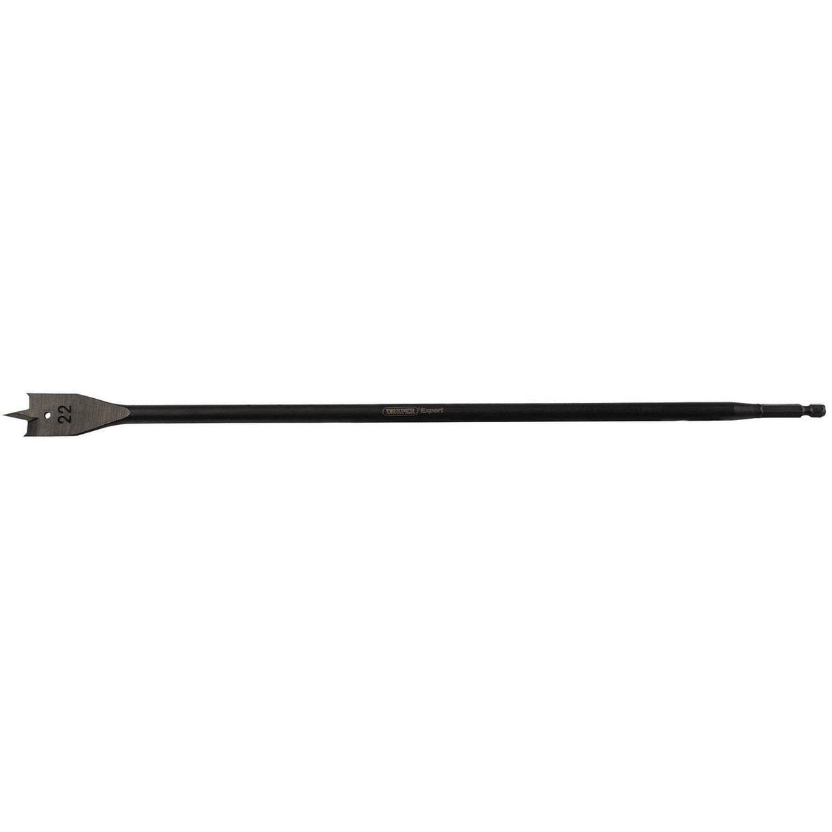 The Draper Extra Long Flat Wood Bit, model FB102XL, is a 405mm high-quality carbon steel spade drill bit with a flat, paddle-shaped tip and a hex shank. The precision-ground central point ensures accuracy, and the tip is labeled with the number "22".