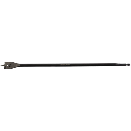 The Draper Extra Long Flat Wood Bit, model FB102XL, is a 405mm high-quality carbon steel spade drill bit with a flat, paddle-shaped tip and a hex shank. The precision-ground central point ensures accuracy, and the tip is labeled with the number "22".