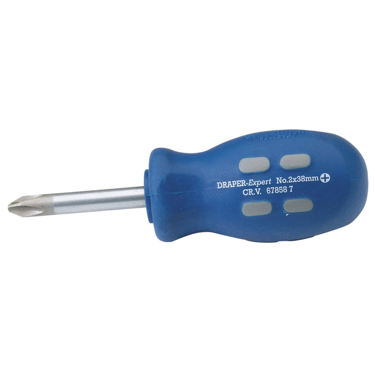A Draper Cross Slot Mechanic's Screwdriver, 38mm, No.2 with a blue handle and a short, stubby design. The text "DRAPER-Expert No.2x38mm CR.V. 67898 7" is printed on the handle, which features soft grip polypropylene for added comfort during use.
