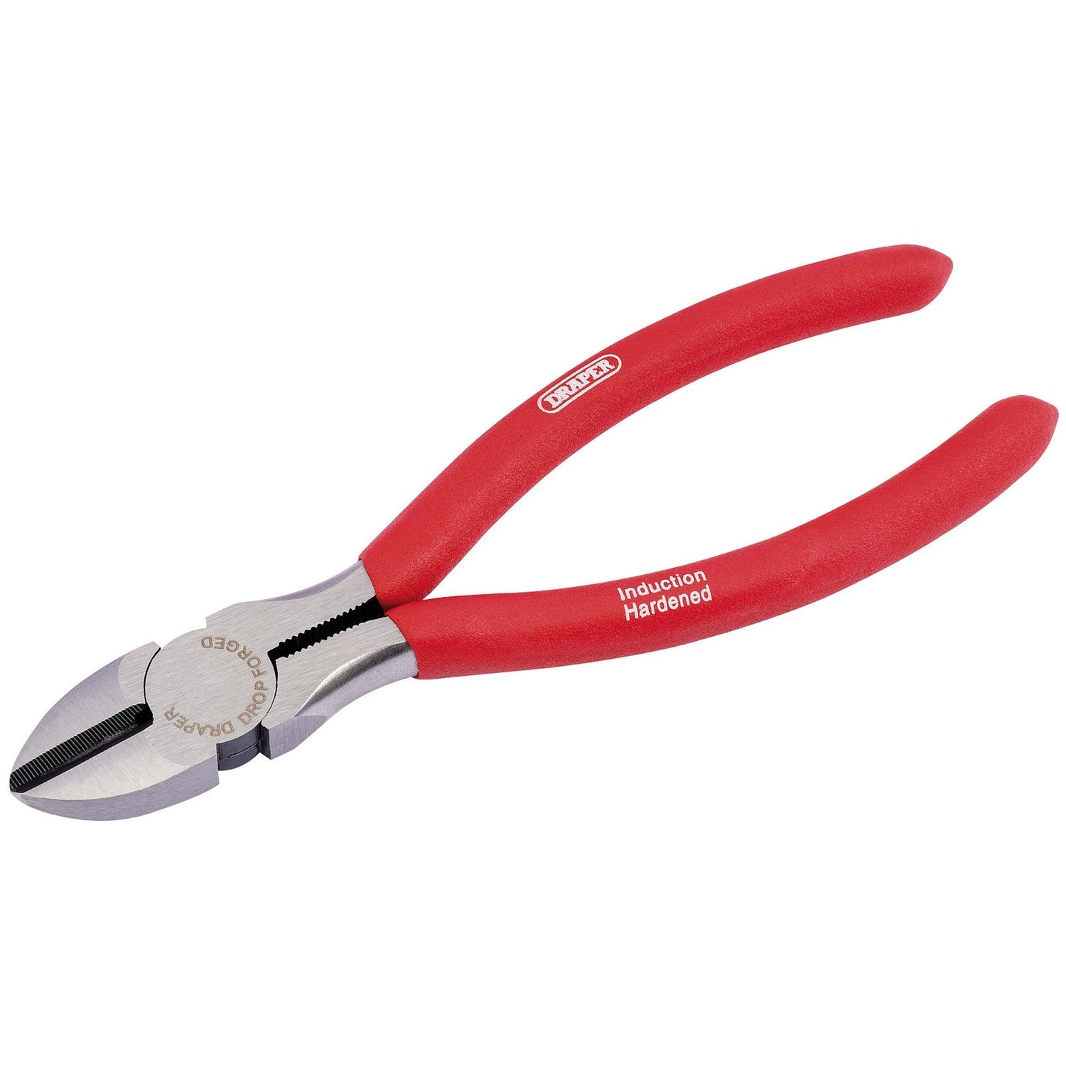 A pair of Draper Redline Diagonal Side Cutters, measuring 160mm, with red PVC-dipped handles and a metallic cutting edge. The durable carbon steel cutters boast "Induction Hardened" branding on the handle and feature cushion-grip handles for enhanced comfort and precision.