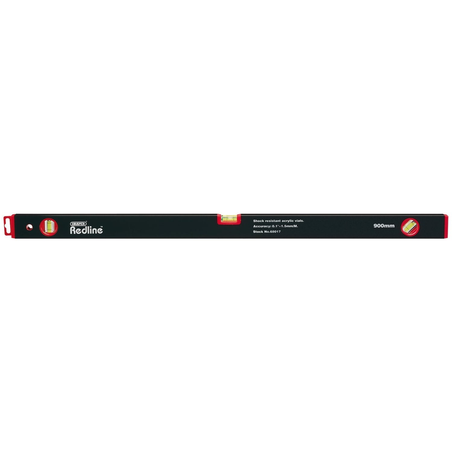 Here's an image of the 900mm Draper Redline Box Section Level (model RL-BOXL). This tool is black with red accents and features horizontal, vertical, and 45° vials for precise measurements. It also includes a hanging hole at one end for convenient storage.
