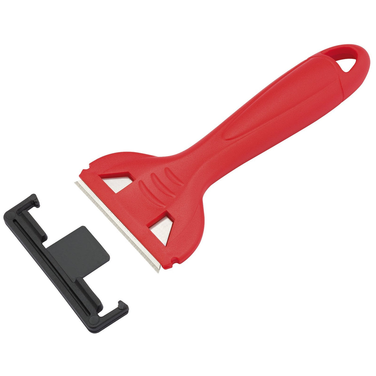 A Draper Redline Window Scraper, 130mm (RL-WINA) featuring a durable red plastic handle with a Sheffield steel blade and an additional black plastic blade cover placed beside it.