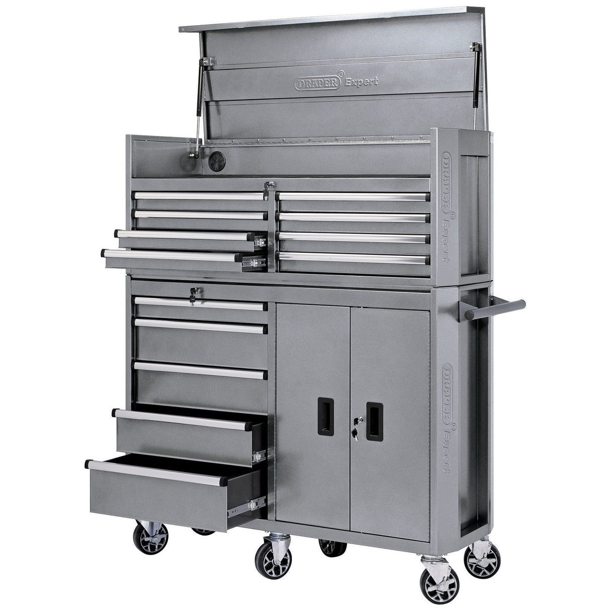 A large, metallic silver Draper Expert Combination Roller Cabinet and Tool Chest (Model DTKTC8C/RC5C), featuring 13 drawers and cabinets across its 52" frame. This mobile unit is mounted on wheels, with some drawers and the top lid open.