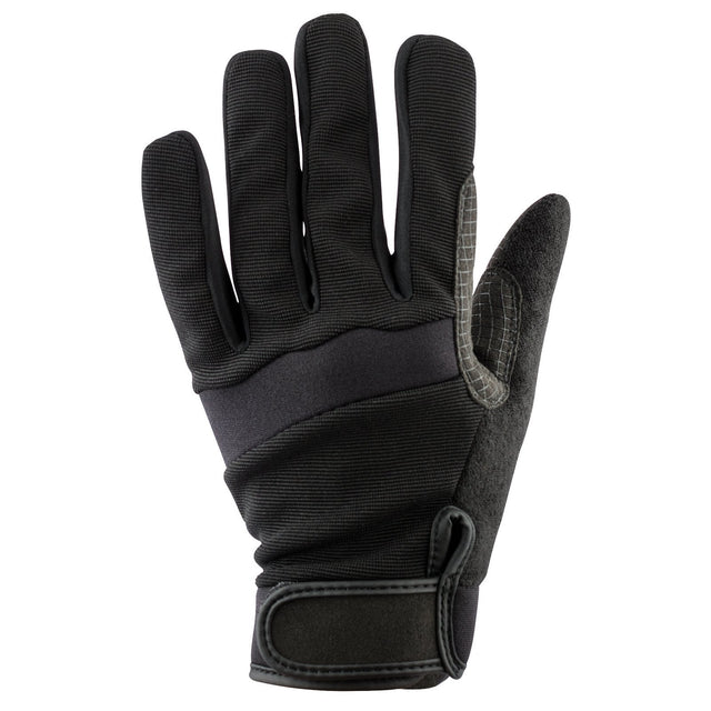 The Draper Web Grip Work Gloves - PPWG by Draper are black, full-fingered gloves with a spiderweb patterned palm, crafted from shape-fitting Spandex and featuring an adjustable wrist strap.