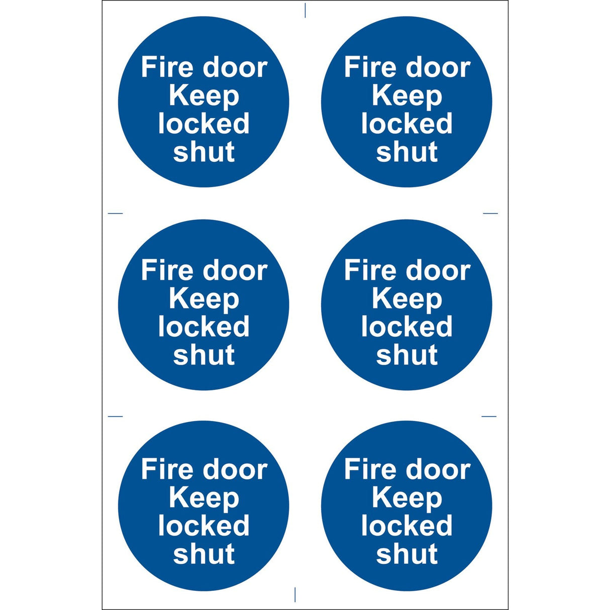 A pack of six blue circular stickers from Draper, known as the "Draper Fire Door Keep Locked' Mandatory Sign (Pack Of 6) - SS08." These durable PVC adhesive stickers feature white text stating "Fire door Keep locked shut," ensuring compliance with the BS5499 Standard. The stickers are printed with UV-resistant ink for long-lasting visibility.