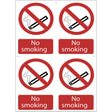 A sheet containing four Draper No Smoking' Prohibition Signs (Pack Of 4) - SS16, featuring a red circle and diagonal line over a lit cigarette icon, made from UV-resistant PVC material.
