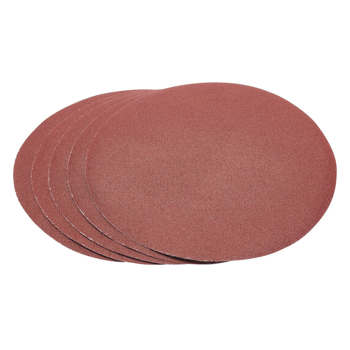 A pack of five Draper Hook and Eye Backed Aluminium Oxide abrasive discs, each measuring 230mm and featuring a 100 grit, is displayed against a white background. These round, red-brown discs come with hook and loop backing.