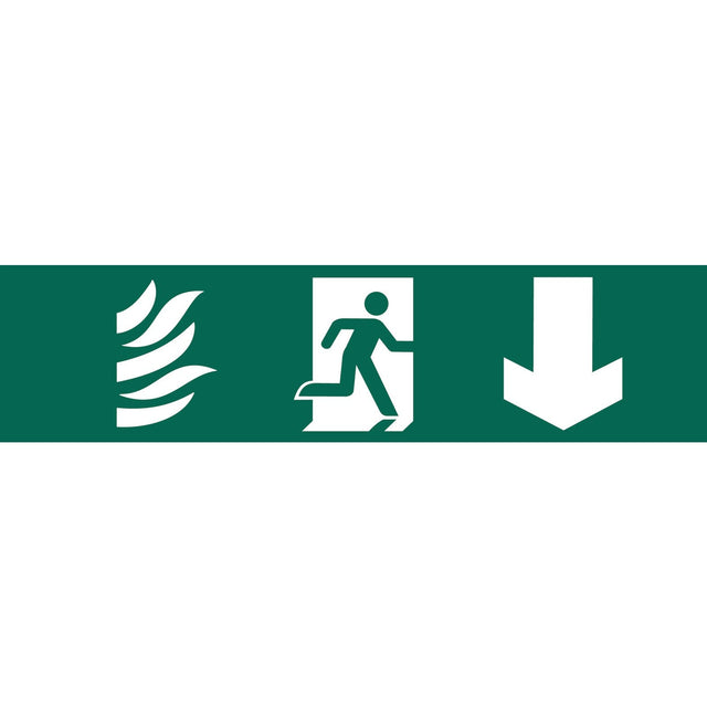 The Draper Running Man Arrow Down - SS70 is a green emergency exit sign made of durable PVC, featuring flames, a running figure, and a downward-pointing arrow. It is printed with UV-resistant ink for longevity.