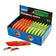A countertop display box featuring the "Draper Easy Find Retractable Trimming Knife With 2 X Blades - TK217/24C" in vibrant orange and green. The display showcases multiple eye-catching colors and prominently displays two spare blades in front of the box.