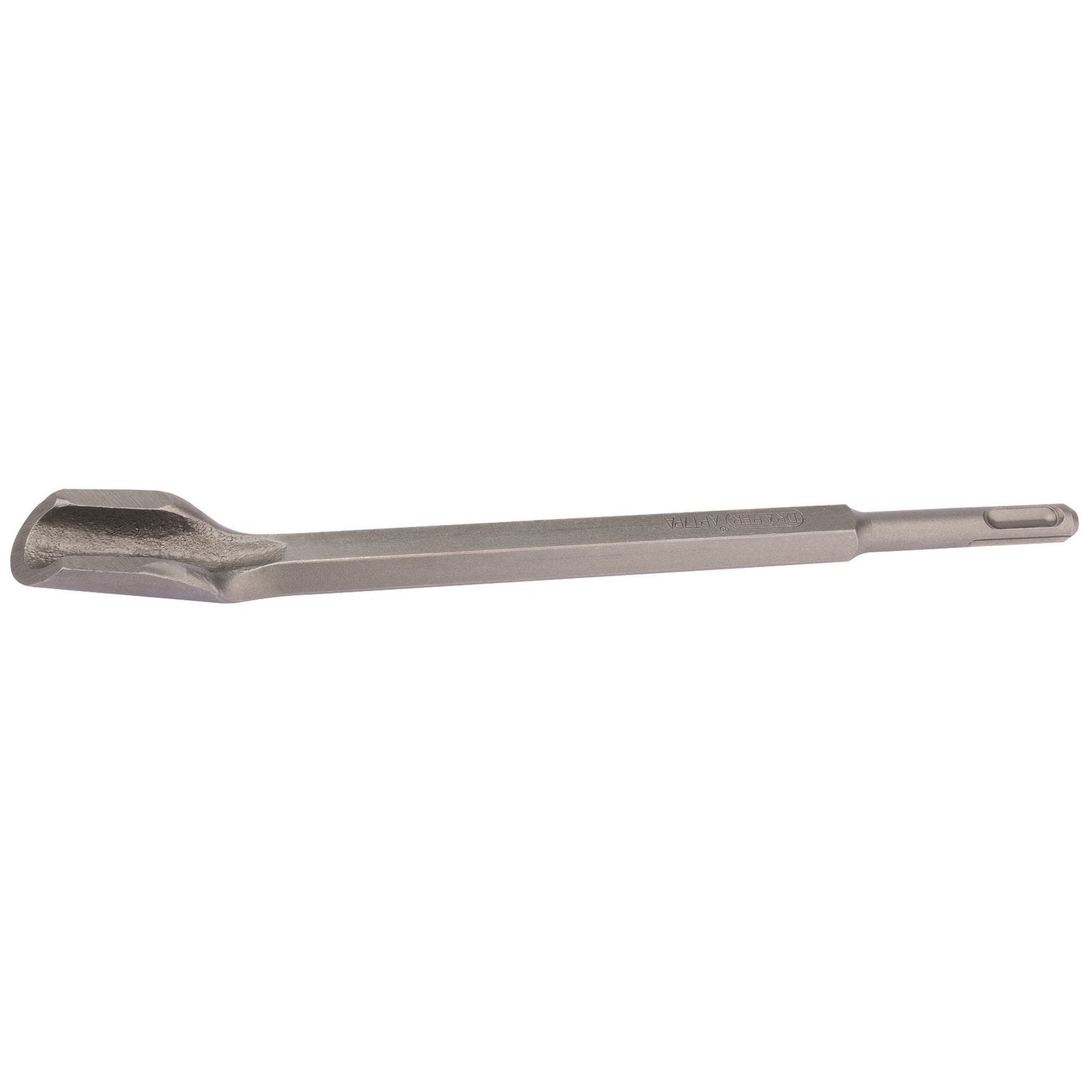 The Draper Sds+ Groove Gouge Chisel - APT7PA is a sturdy metal tool featuring a broad, flat head and a straight handle, ideal for use with SDS+ hammer drills. It also comes with a convenient storage hanger for easy organization.