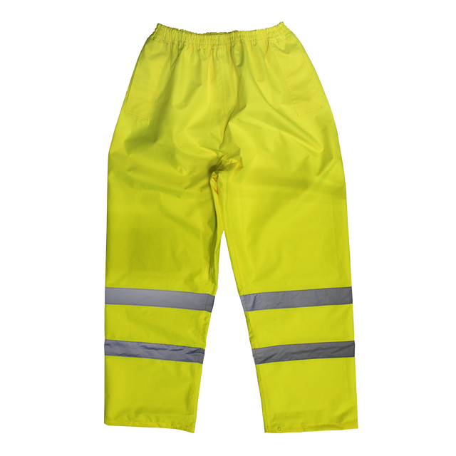A pair of Sealey Hi-Vis Yellow Waterproof Trousers - Medium (807M) with reflective strips around the lower legs and an adjustable waist.