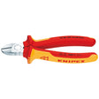 A pair of Draper Knipex 70 06 160 Sbe Fully Insulated Diagonal Side Cutters, measuring 160mm, with red and yellow insulated handles is designed for cutting through electrical wires and made from durable vanadium electric steel. Perfect for live line working.