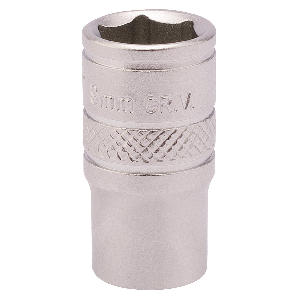 A close-up of a durable Draper 9mm socket with a 1/4" square drive, featuring a knurled ring for enhanced grip and crafted from robust chrome vanadium steel.
