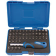 The Draper Security Screwdriver Bit And Driver Set (45 Piece) - MBH45 includes a blue plastic case that contains 45 Torx bits made of chrome vanadium steel and a soft grip driver with a blue handle, all arranged neatly in designated slots. The open lid displays every component clearly.