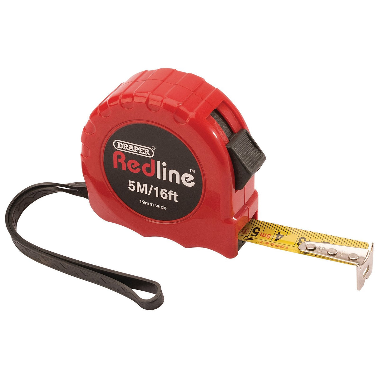 A measuring tape labeled "Draper Redline Metric/Imperial Measuring Tape, 5M/16Ft - RL-MT-CL2," featuring a length of 5 meters (16 feet) with a black wrist strap attached and an ABS plastic case for durability.