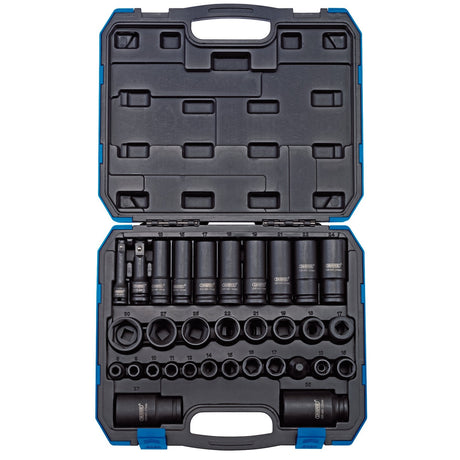 The Draper Impact Socket Set, 3/8" & 1/2" Sq. Dr. (32 Piece) - 409/32/MM comes in an open blue plastic storage case. The set includes various sizes of impact sockets, a ratchet, and other accessories, all neatly arranged in molded slots.