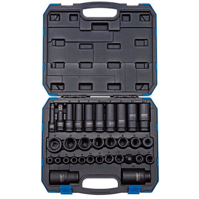 The Draper Impact Socket Set, 3/8" & 1/2" Sq. Dr. (32 Piece) - 409/32/MM comes in an open blue plastic storage case. The set includes various sizes of impact sockets, a ratchet, and other accessories, all neatly arranged in molded slots.