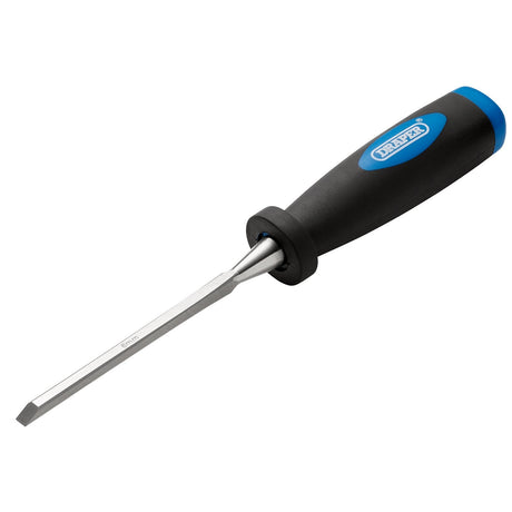 A 6mm Draper Bevel Edge Wood Chisel with an impact-resistant black and blue handle, prominently featuring the brand name "Draper.