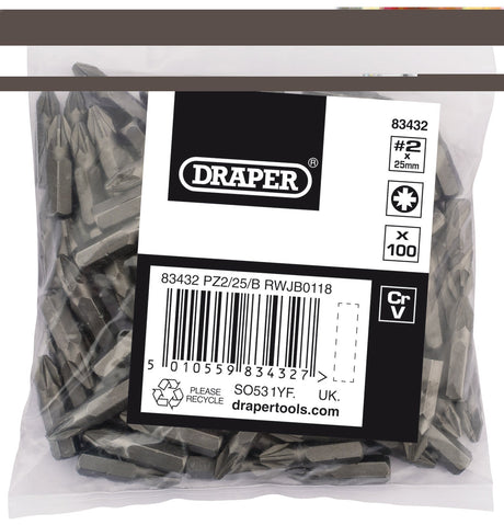 Draper Pz Type Insert Bits, 1/4", No.2 (Bag Of 100) - PZ2/25/B - Farming Parts